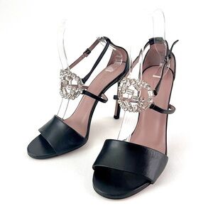 GUCCI || GG Crystal Embellished Black Leather High Heel Strappy Sandal US 8